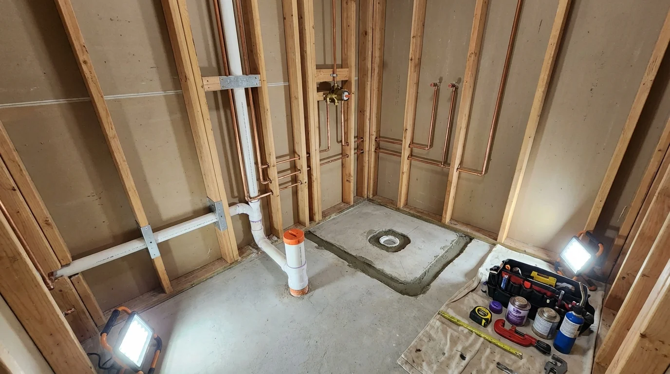 Bathroom rough-in plumbing during remodel by Johns Plumbing LLC in Mason