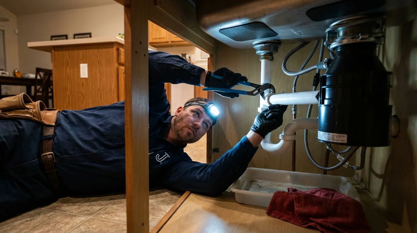 P-trap and supply line connections under a kitchen sink showing a common leak point in Mason, MI